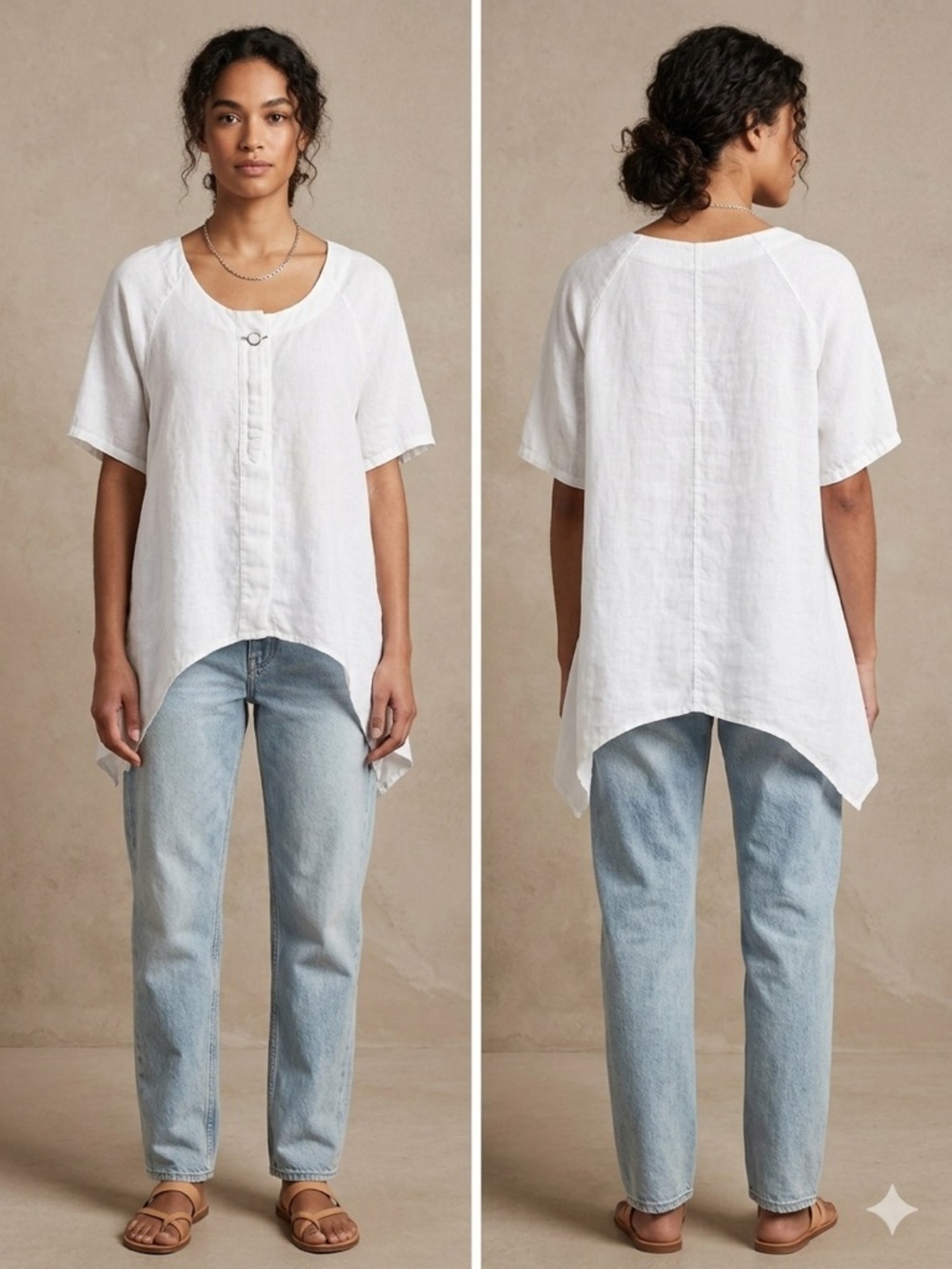 Tempo Paris Linen 100% White Asymmetrical Blouse Lagenlook Beach , S/M